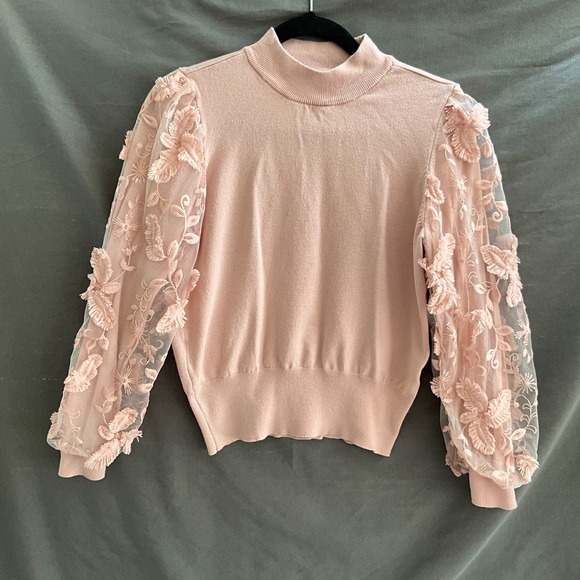Joseph A. Sweaters - Joseph A. Blush Pink Mock Neck Sweater 3D Floral Sheer Mesh Sleeves M Fairycore